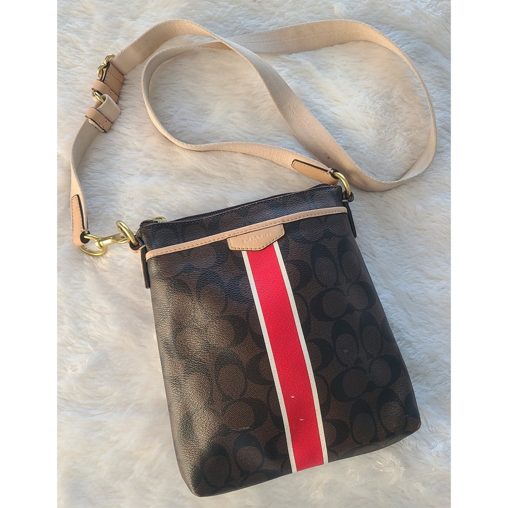 Coach Signature Crossbody Bag Brown Red Stripe Messenger F51265